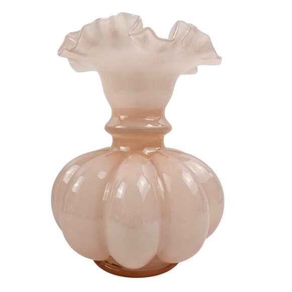 Vintage Fenton Art Glass Dusty Rose Pink Melon Vase Double Crimped Ruffle - Picture 5 of 9